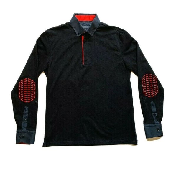 Maceoo Polo Shirt Mens‎ 3 Long Sleeve Embroidered Elbow Contrast Satin Trim NWOT - Picture 1 of 12